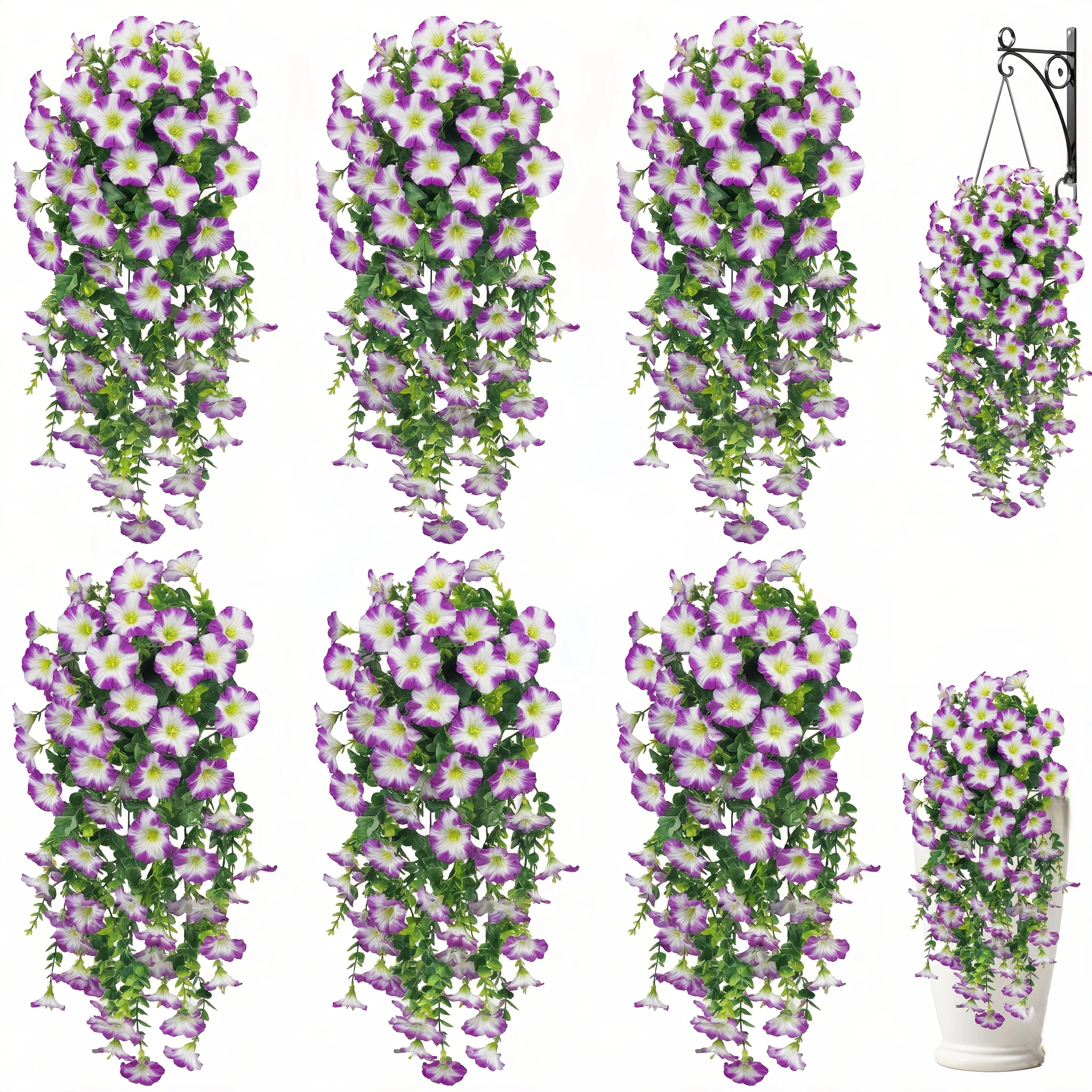 Artificial Hanging Flowers for Outdoor Spring Decor, 6 PCS Silk UV Resistant Petunia Artificial Flowers with Eucalyptus Leaves, UV Resistant Realistic Morning Glory for Home Patio, Light Purple White