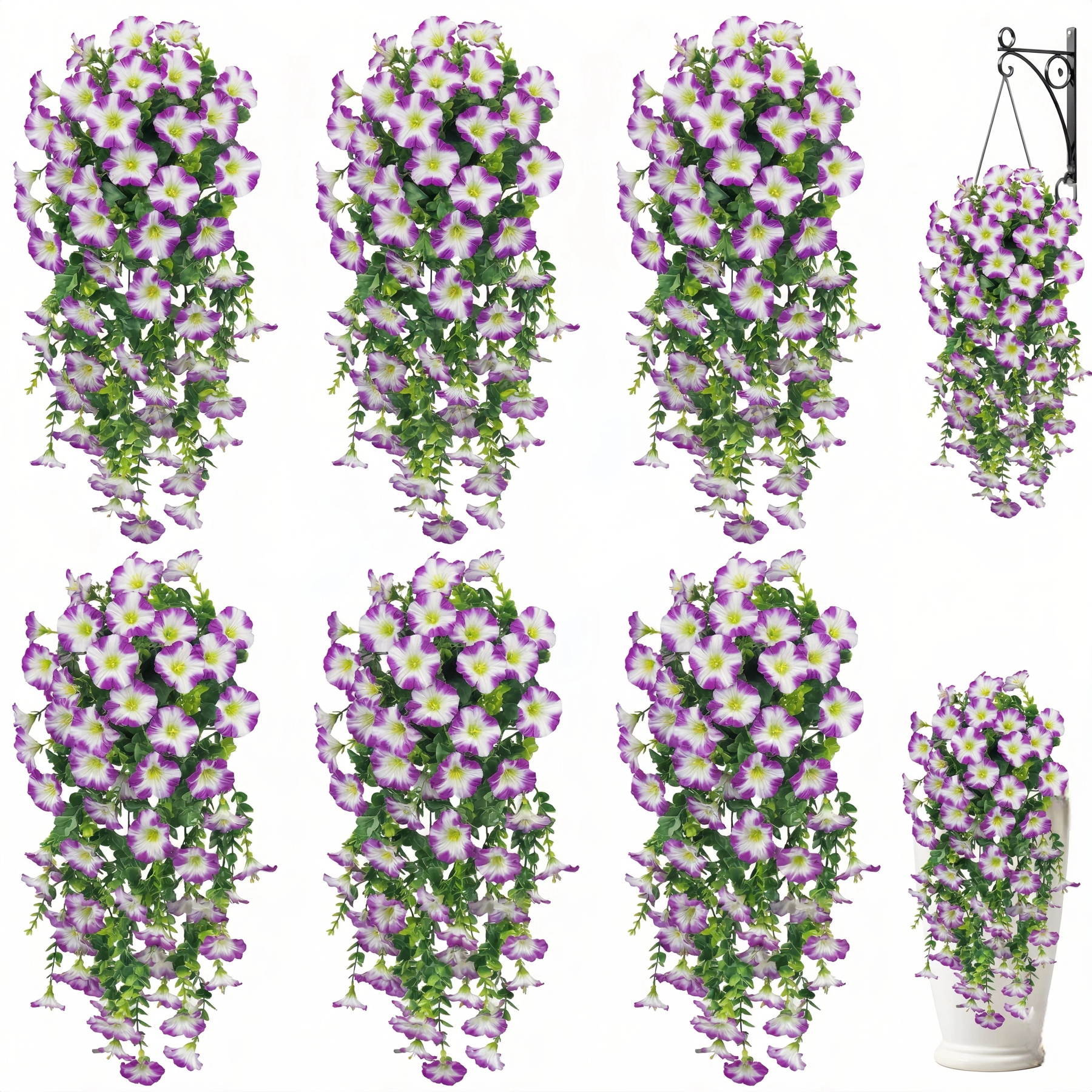 Artificial Hanging Flowers for Outdoor Spring Decor, 6 PCS Silk UV Resistant Petunia Artificial Flowers with Eucalyptus Leaves, UV Resistant Realistic Morning Glory for Home Patio, Light Purple White