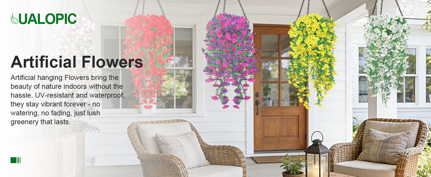 Artificial Hanging Flowers for Outdoors, 6 PCS Silk Morning Glory Artificial Flowers with Eucalyptus Leaves, UV Resistant Fake Flower Realistic Faux Plants for Home Patio Porch Garden, Purple+Fuchsia