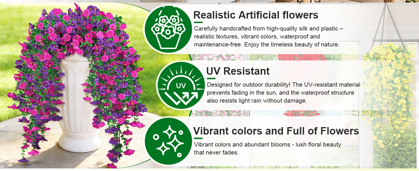 Artificial Hanging Flowers for Outdoors, 6 PCS Silk Morning Glory Artificial Flowers with Eucalyptus Leaves, UV Resistant Fake Flower Realistic Faux Plants for Home Patio Porch Garden, Purple+Fuchsia