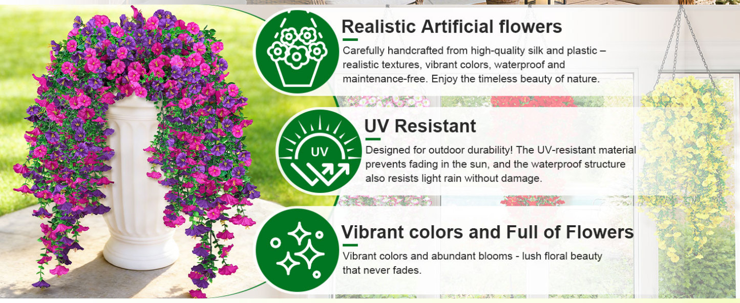 Artificial Hanging Flowers for Outdoors, 6 PCS Silk Morning Glory Artificial Flowers with Eucalyptus Leaves, UV Resistant Fake Flower Realistic Faux Plants for Home Patio Porch Garden, Purple+Fuchsia