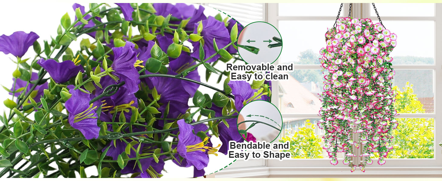 Artificial Hanging Flowers for Outdoors, 6 PCS Silk Morning Glory Artificial Flowers with Eucalyptus Leaves, UV Resistant Fake Flower Realistic Faux Plants for Home Patio Porch Garden, Purple+Fuchsia