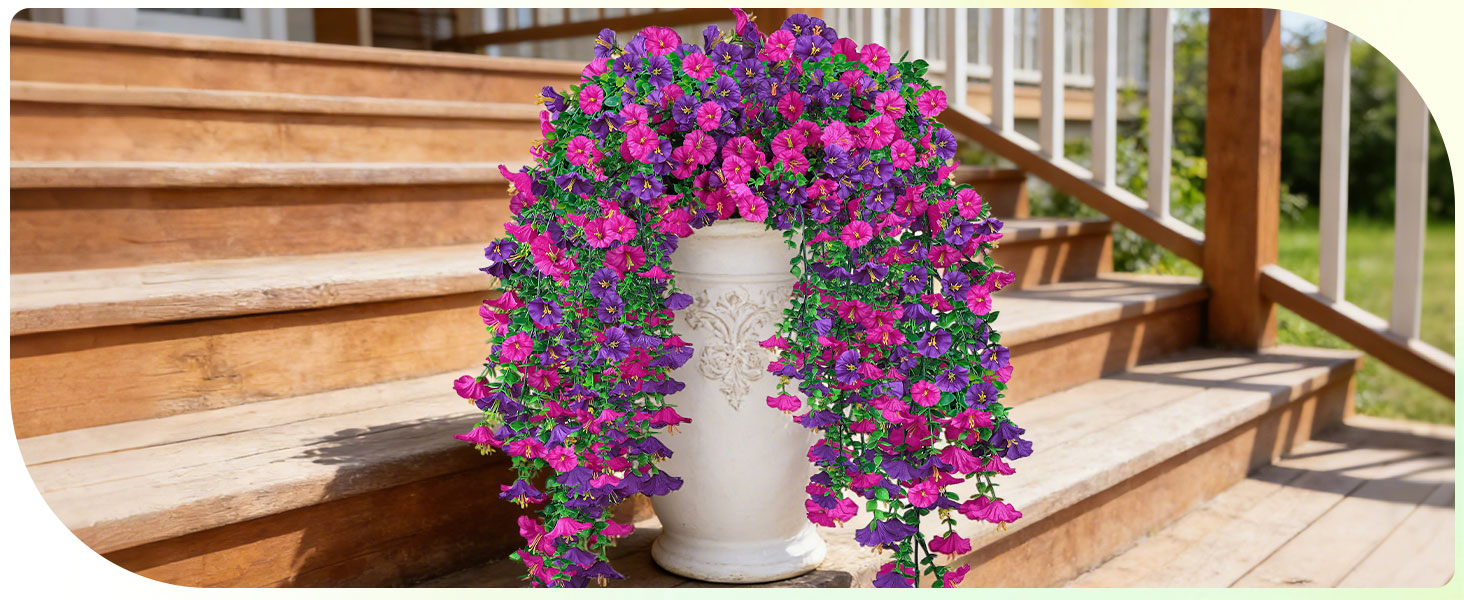 Artificial Hanging Flowers for Outdoors, 6 PCS Silk Morning Glory Artificial Flowers with Eucalyptus Leaves, UV Resistant Fake Flower Realistic Faux Plants for Home Patio Porch Garden, Purple+Fuchsia