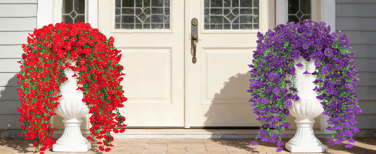 Artificial Hanging Flowers for Outdoors, 6 PCS Silk Morning Glory Artificial Flowers with Eucalyptus Leaves, UV Resistant Fake Flower Realistic Faux Plants for Home Patio Porch Garden, Purple+Fuchsia