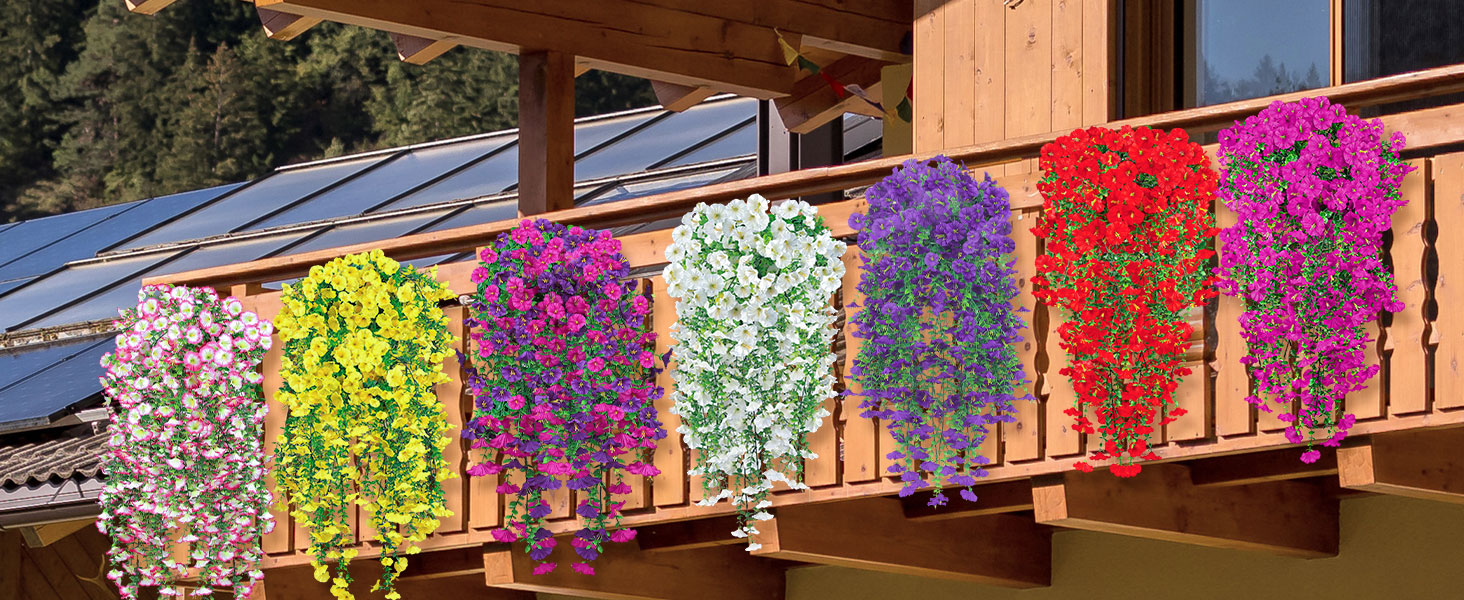 Artificial Hanging Flowers for Outdoors, 6 PCS Silk Morning Glory Artificial Flowers with Eucalyptus Leaves, UV Resistant Fake Flower Realistic Faux Plants for Home Patio Porch Garden, Purple+Fuchsia