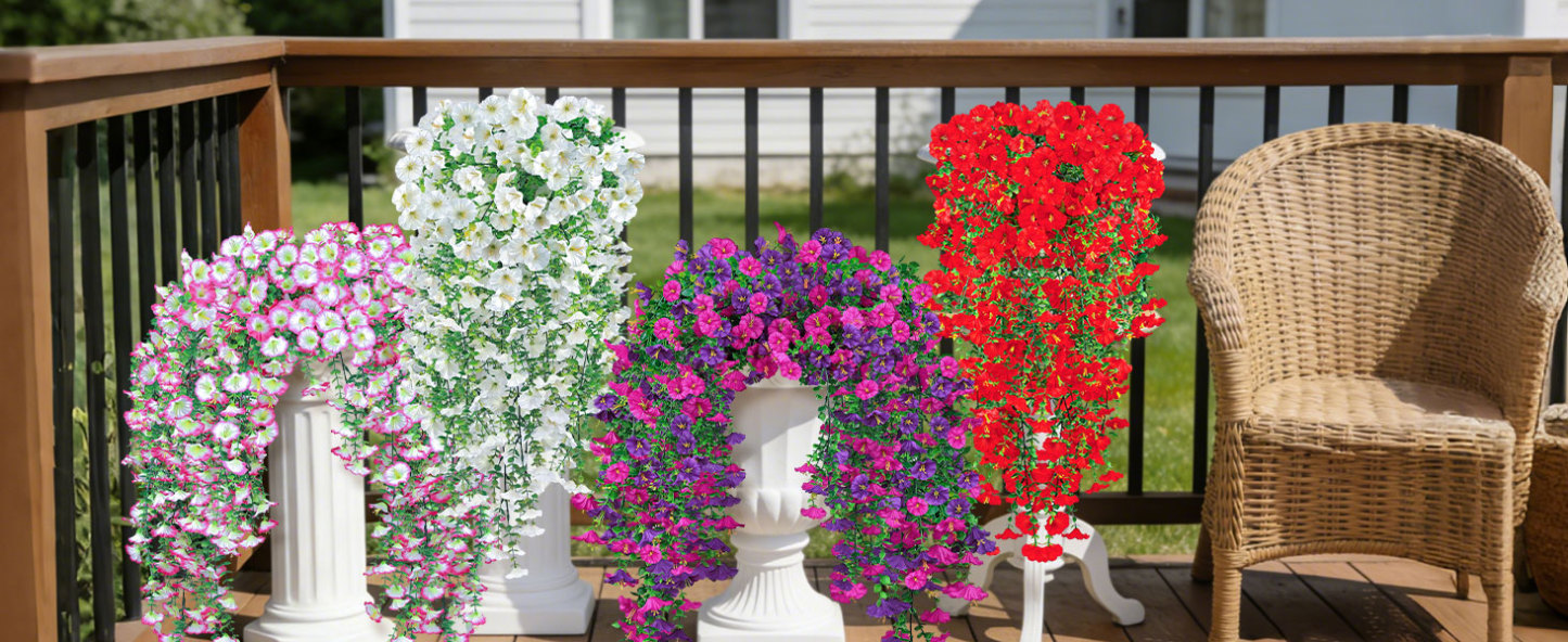 Artificial Hanging Flowers for Outdoors, 6 PCS Silk Morning Glory Artificial Flowers with Eucalyptus Leaves, UV Resistant Fake Flower Realistic Faux Plants for Home Patio Porch Garden, Purple+Fuchsia