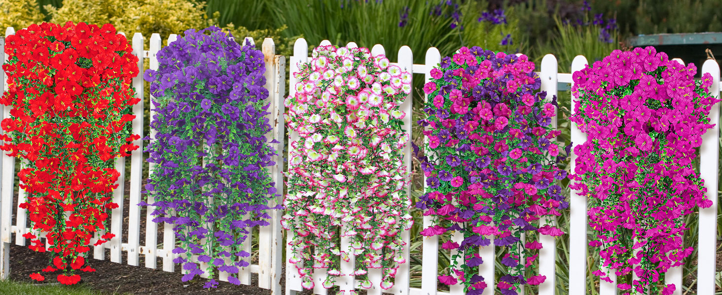 Artificial Hanging Flowers for Outdoors, 6 PCS Silk Morning Glory Artificial Flowers with Eucalyptus Leaves, UV Resistant Fake Flower Realistic Faux Plants for Home Patio Porch Garden, Purple+Fuchsia