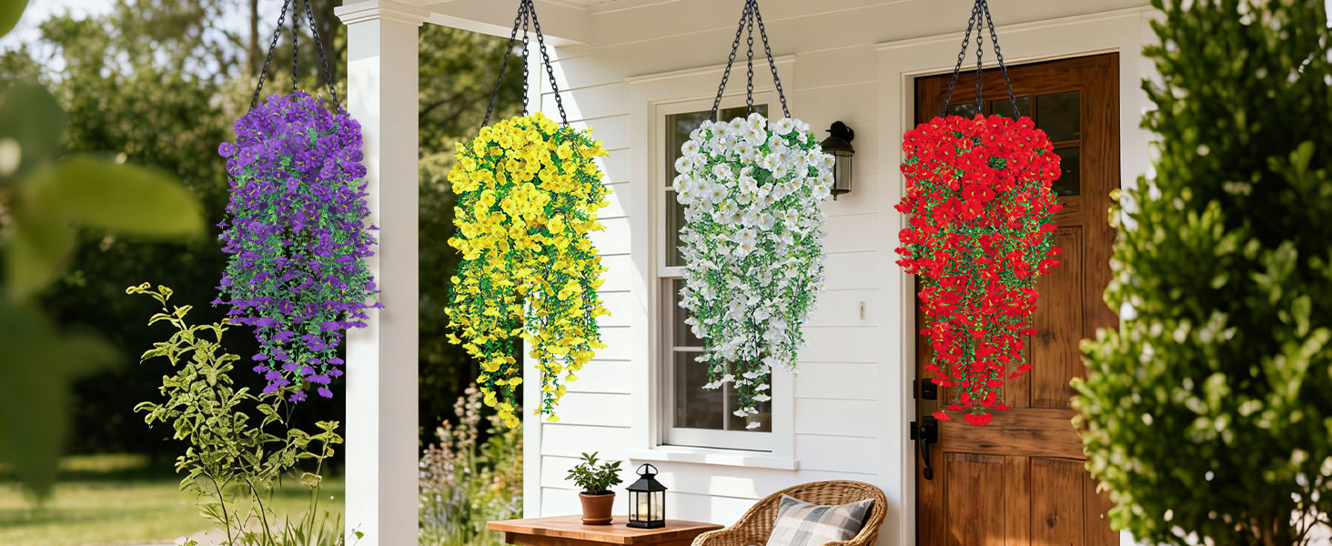 Artificial Hanging Flowers for Outdoors, 6 PCS Silk Morning Glory Artificial Flowers with Eucalyptus Leaves, UV Resistant Fake Flower Realistic Faux Plants for Home Patio Porch Garden, Purple+Fuchsia