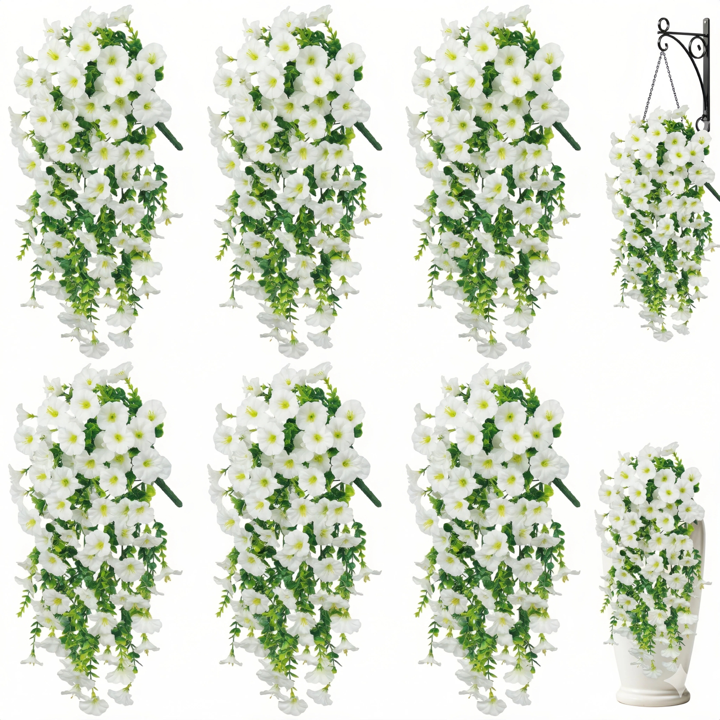 Artificial Hanging Flowers for Outdoor Spring Decor, 6 PCS Silk UV Resistant Petunia Artificial Flowers with Eucalyptus Leaves, UV Resistant Realistic Morning Glory for Home Patio, Light Purple White