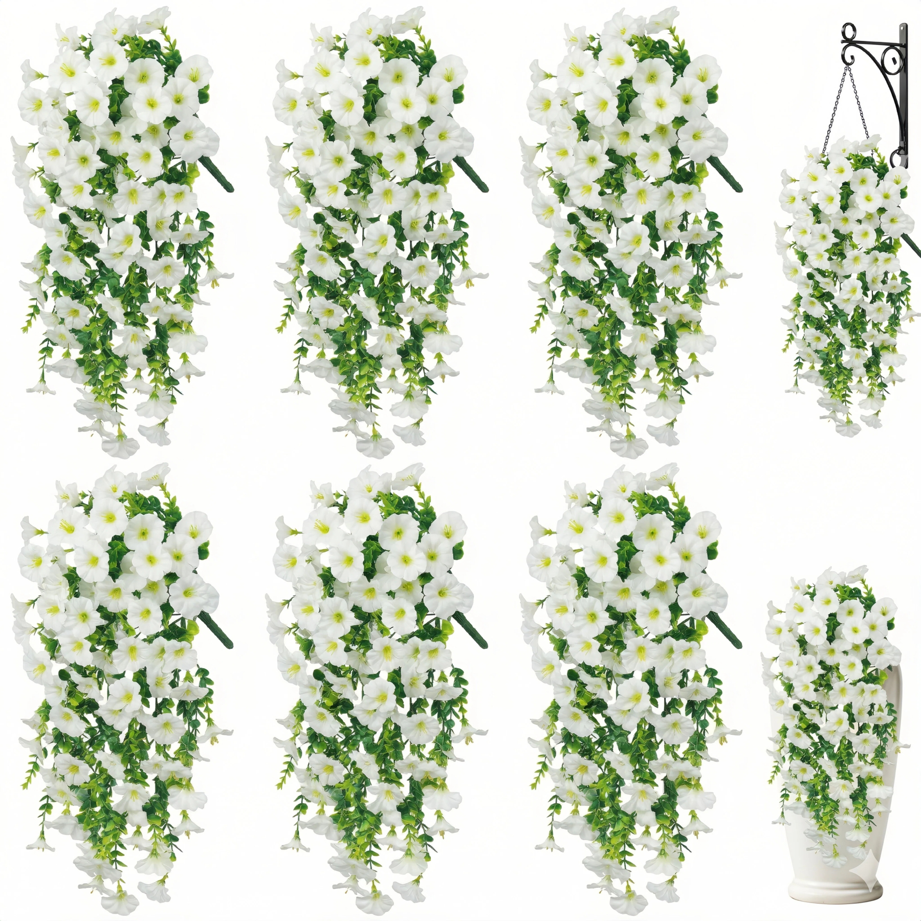 Artificial Hanging Flowers for Outdoor Spring Decor, 6 PCS Silk UV Resistant Petunia Artificial Flowers with Eucalyptus Leaves, UV Resistant Realistic Morning Glory for Home Patio, Light Purple White