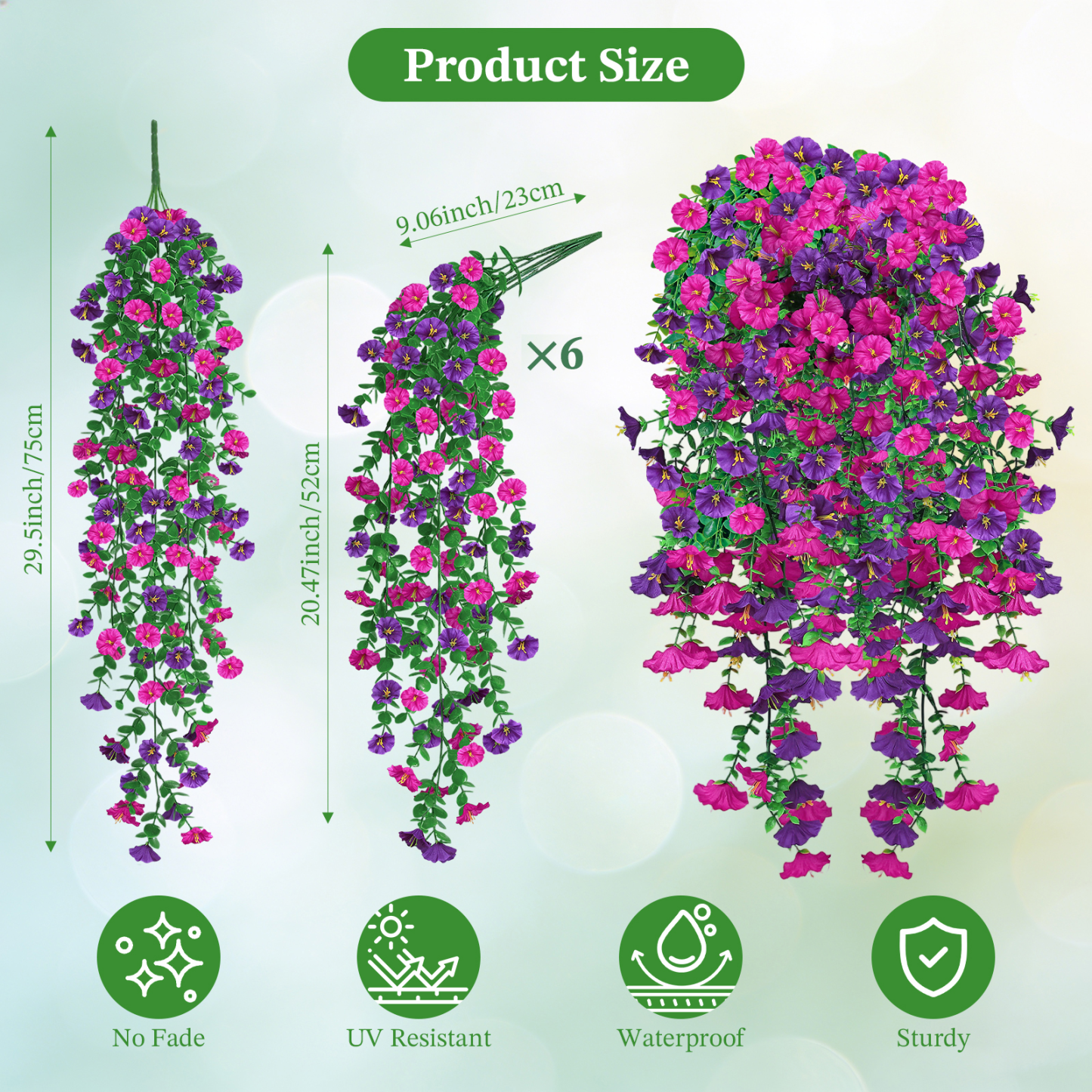 Artificial Hanging Flowers for Outdoors, 6 PCS Silk Morning Glory Artificial Flowers with Eucalyptus Leaves, UV Resistant Fake Flower Realistic Faux Plants for Home Patio Porch Garden, Purple+Fuchsia