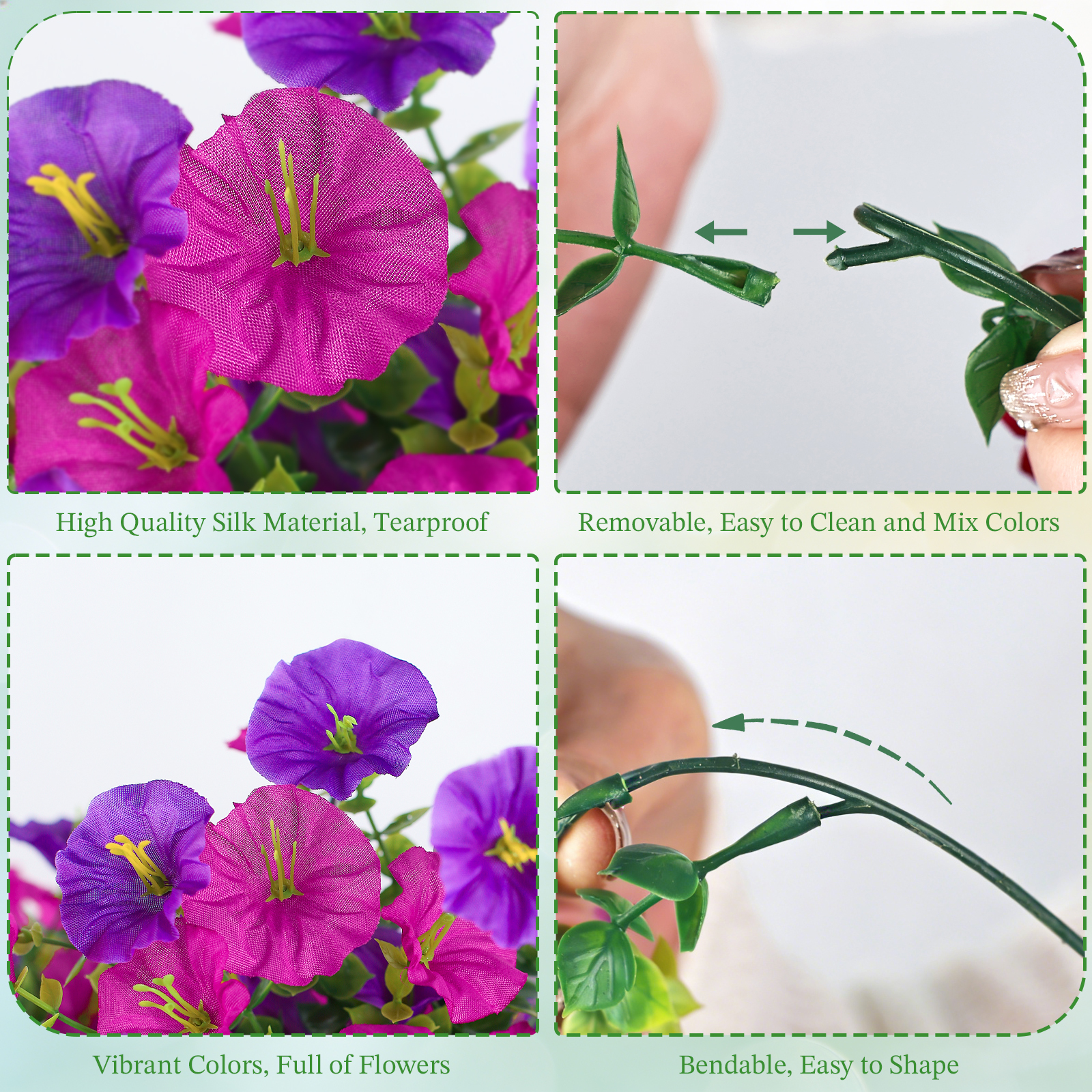 Artificial Hanging Flowers for Outdoors, 6 PCS Silk Morning Glory Artificial Flowers with Eucalyptus Leaves, UV Resistant Fake Flower Realistic Faux Plants for Home Patio Porch Garden, Purple+Fuchsia