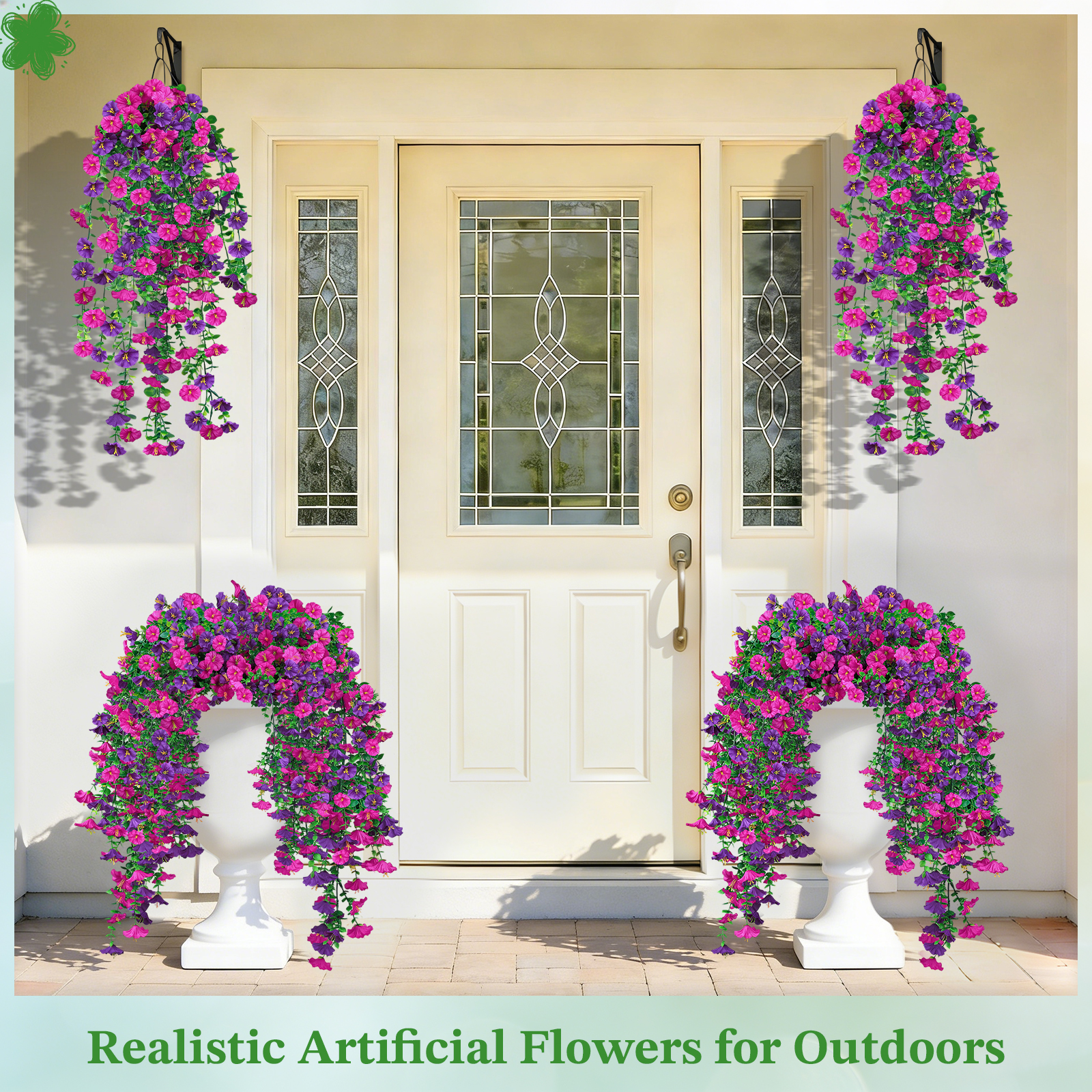 Artificial Hanging Flowers for Outdoors, 6 PCS Silk Morning Glory Artificial Flowers with Eucalyptus Leaves, UV Resistant Fake Flower Realistic Faux Plants for Home Patio Porch Garden, Purple+Fuchsia