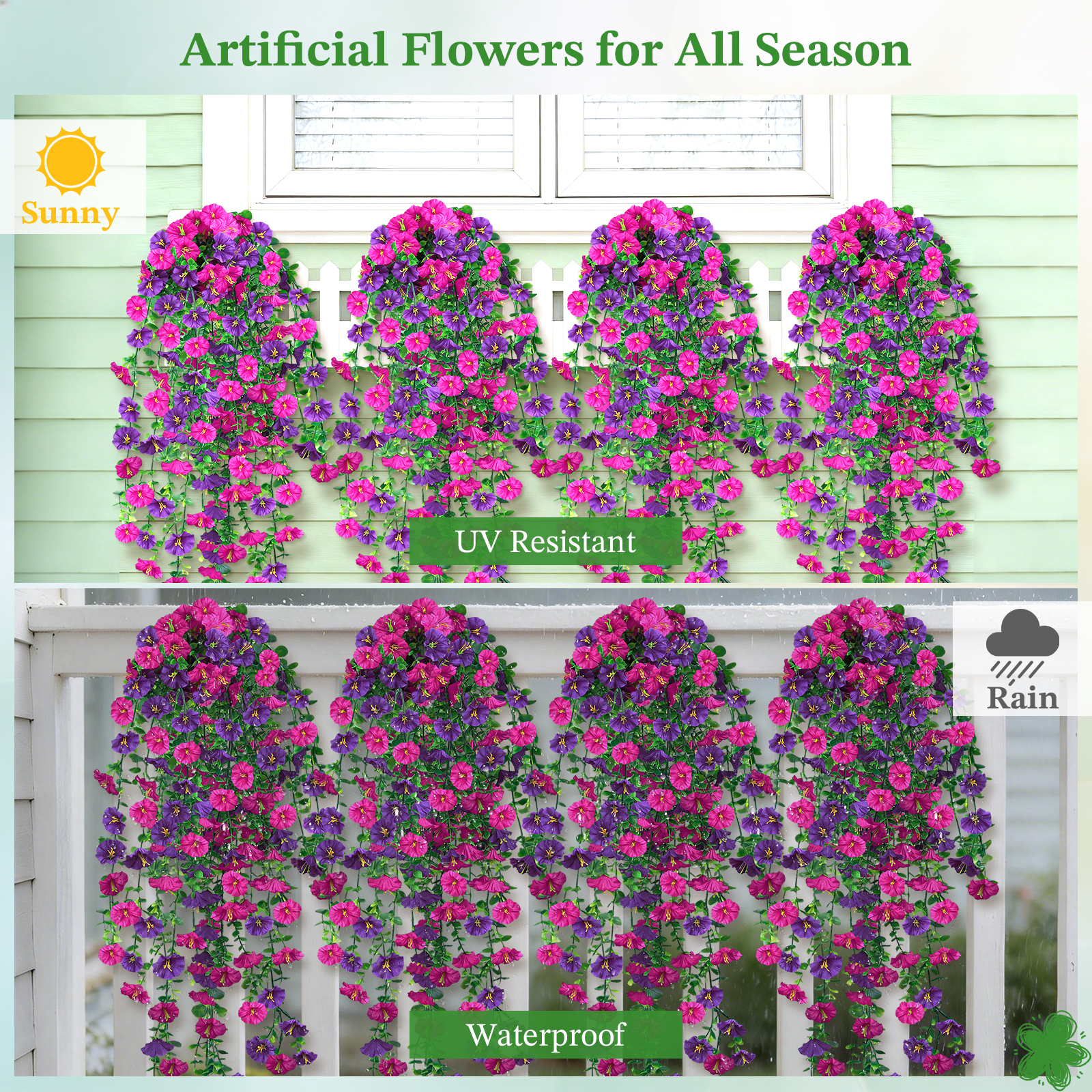 Artificial Hanging Flowers for Outdoors, 6 PCS Silk Morning Glory Artificial Flowers with Eucalyptus Leaves, UV Resistant Fake Flower Realistic Faux Plants for Home Patio Porch Garden, Purple+Fuchsia