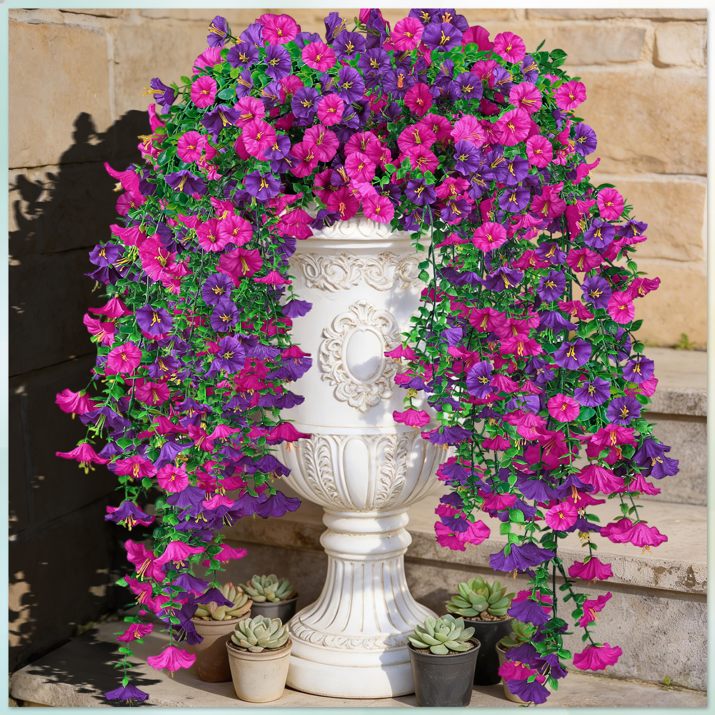Artificial Hanging Flowers for Outdoors, 6 PCS Silk Morning Glory Artificial Flowers with Eucalyptus Leaves, UV Resistant Fake Flower Realistic Faux Plants for Home Patio Porch Garden, Purple+Fuchsia