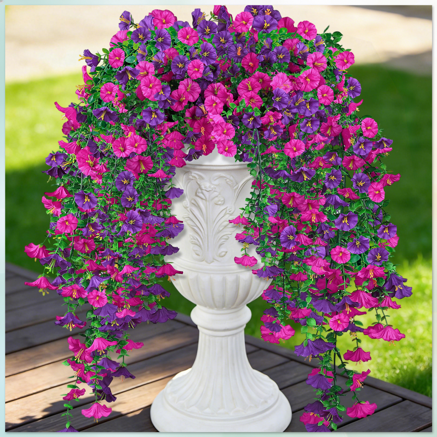 Artificial Hanging Flowers for Outdoors, 6 PCS Silk Morning Glory Artificial Flowers with Eucalyptus Leaves, UV Resistant Fake Flower Realistic Faux Plants for Home Patio Porch Garden, Purple+Fuchsia