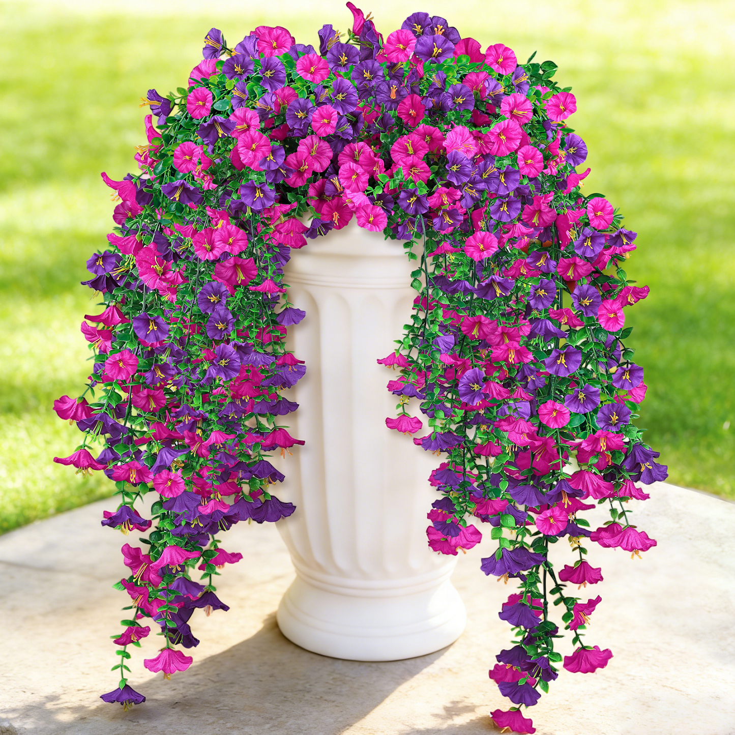 Artificial Hanging Flowers for Outdoors, 6 PCS Silk Morning Glory Artificial Flowers with Eucalyptus Leaves, UV Resistant Fake Flower Realistic Faux Plants for Home Patio Porch Garden, Purple+Fuchsia