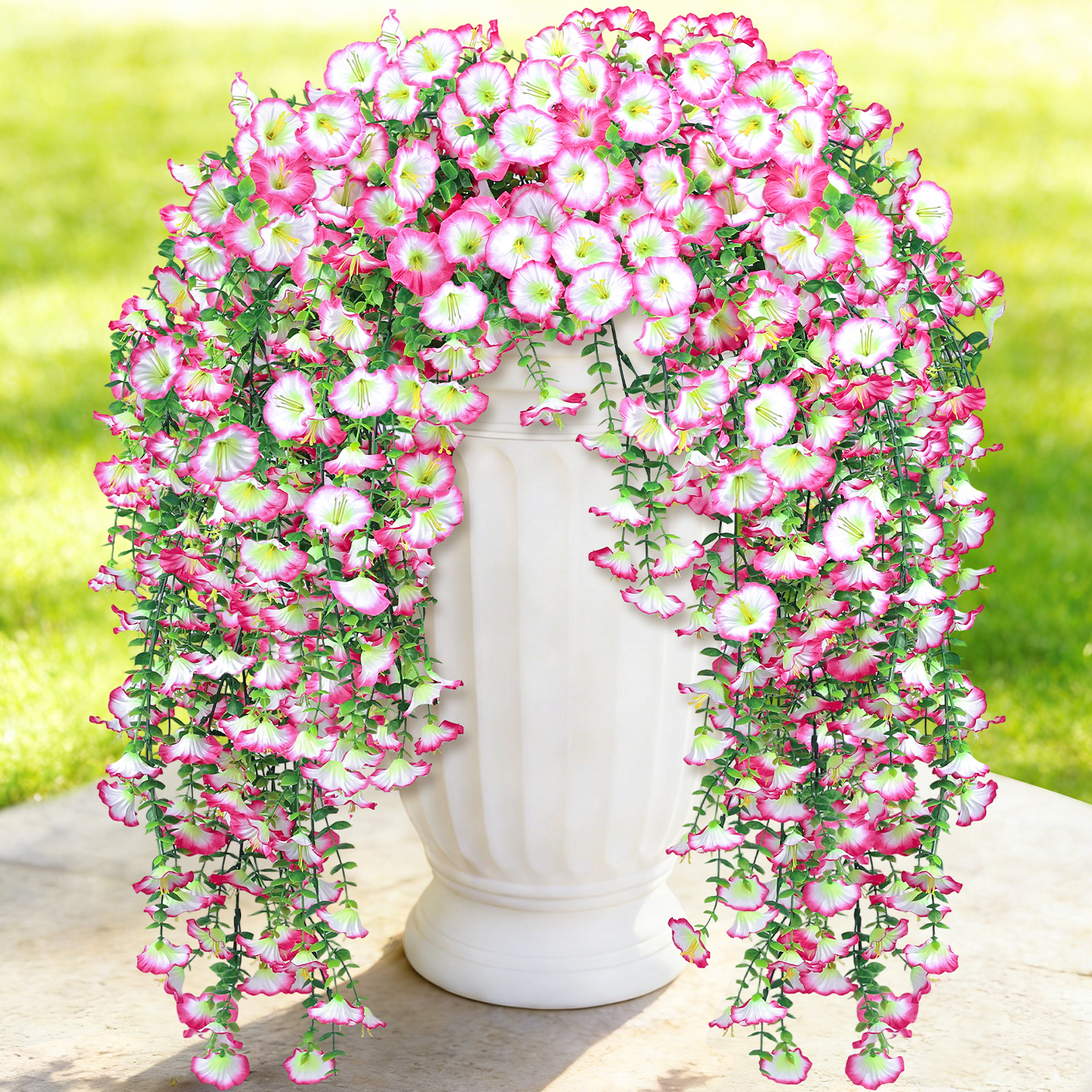 Artificial Hanging Flowers for Outdoors, 6 PCS Silk Morning Glory Artificial Flowers with Eucalyptus Leaves, UV Resistant Fake Flower Realistic Faux Plants for Home Patio Porch Garden, Purple+Fuchsia