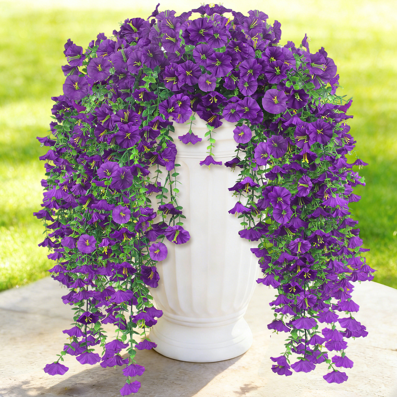 Artificial Hanging Flowers for Outdoors, 6 PCS Silk Morning Glory Artificial Flowers with Eucalyptus Leaves, UV Resistant Fake Flower Realistic Faux Plants for Home Patio Porch Garden, Purple+Fuchsia