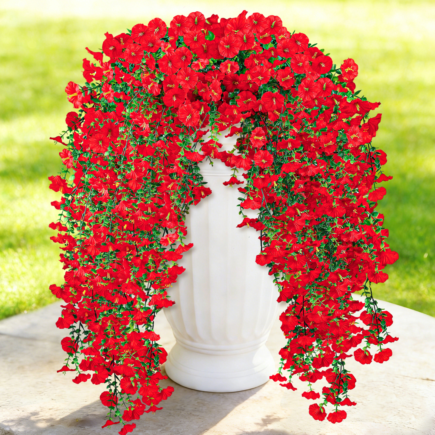 Artificial Hanging Flowers for Outdoors, 6 PCS Silk Morning Glory Artificial Flowers with Eucalyptus Leaves, UV Resistant Fake Flower Realistic Faux Plants for Home Patio Porch Garden, Purple+Fuchsia