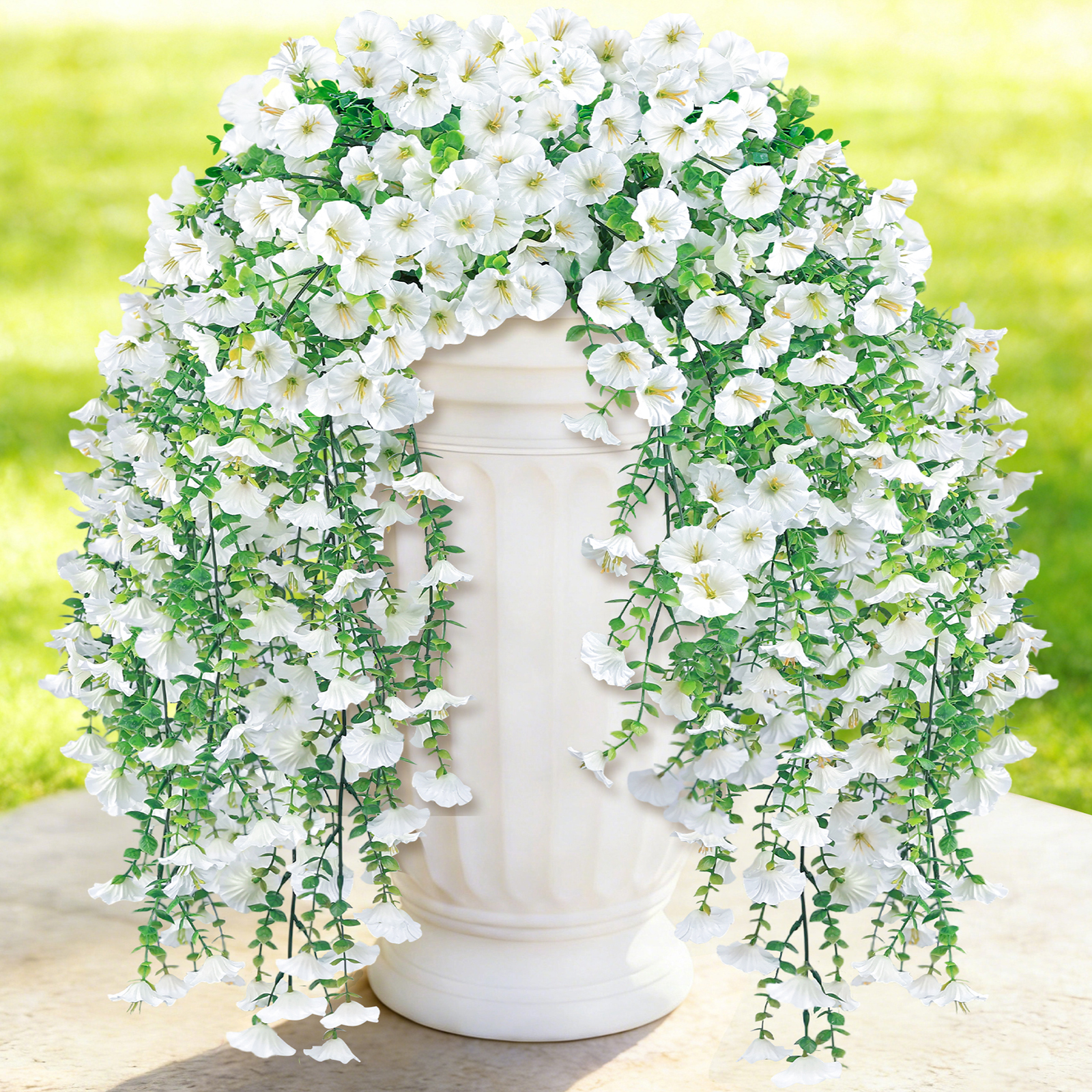 Artificial Hanging Flowers for Outdoors, 6 PCS Silk Morning Glory Artificial Flowers with Eucalyptus Leaves, UV Resistant Fake Flower Realistic Faux Plants for Home Patio Porch Garden, Purple+Fuchsia