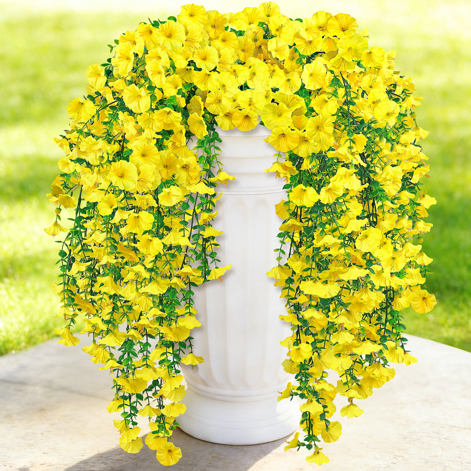 Artificial Hanging Flowers for Outdoors, 6 PCS Silk Morning Glory Artificial Flowers with Eucalyptus Leaves, UV Resistant Fake Flower Realistic Faux Plants for Home Patio Porch Garden, Purple+Fuchsia