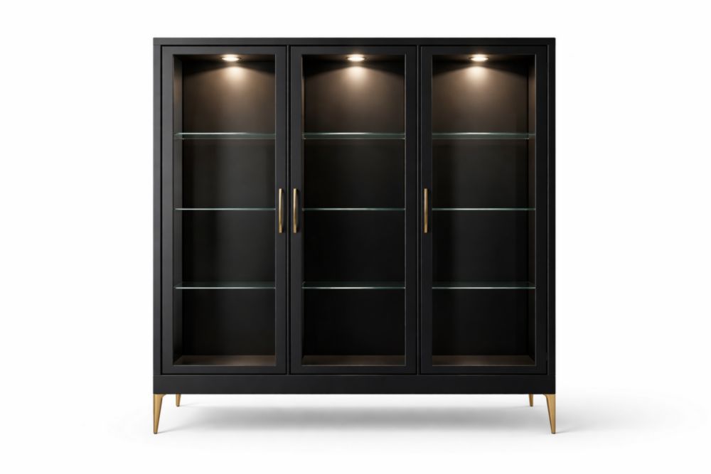 Vetrina in MDF nero con ante in vetro temperato e ripiani regolabili