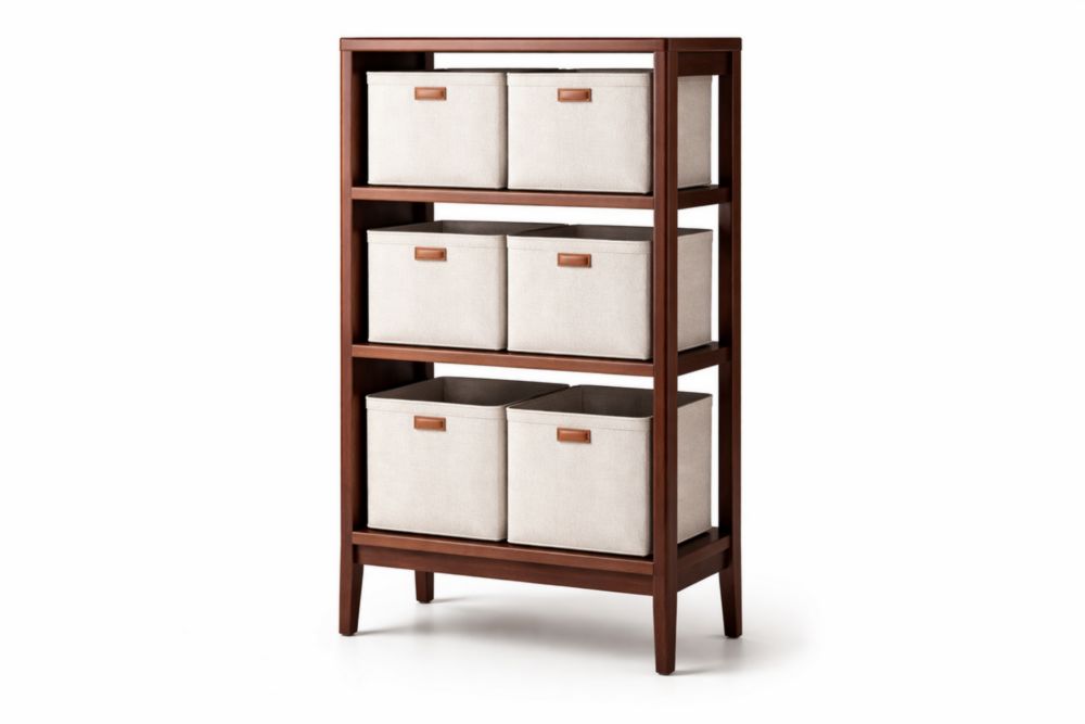 Scaffale in legno massello con cassetti tessili crema