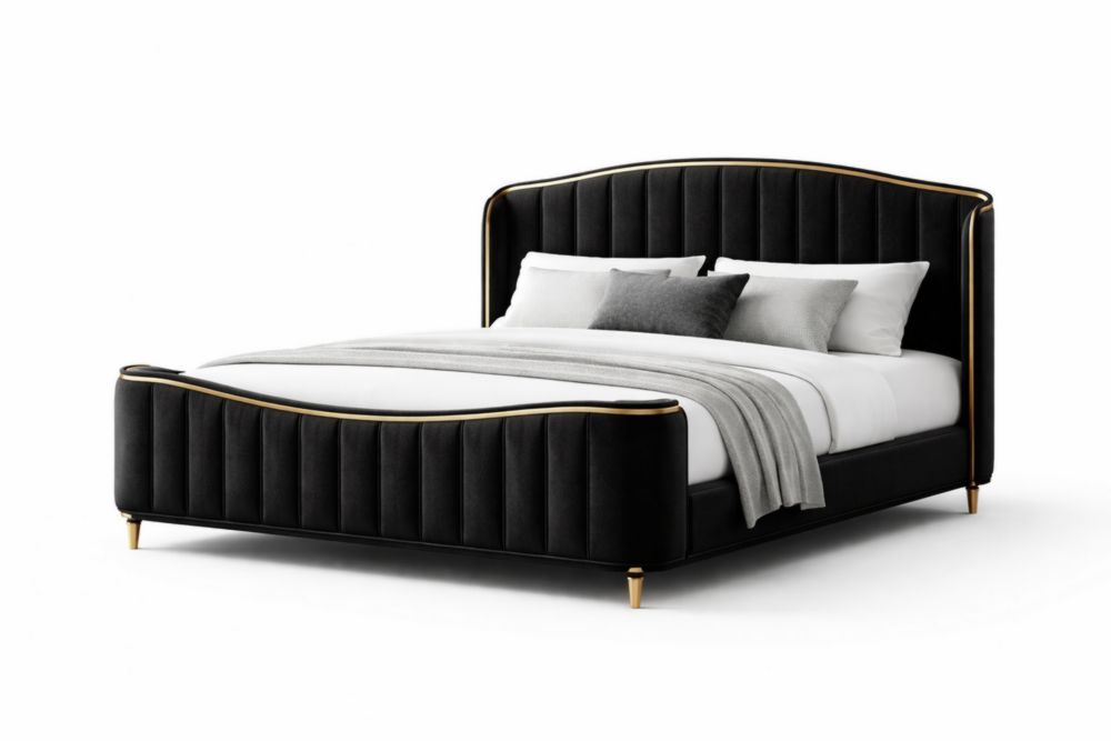 Letto matrimoniale in velluto nero con dettagli dorati 200x160x120 cm