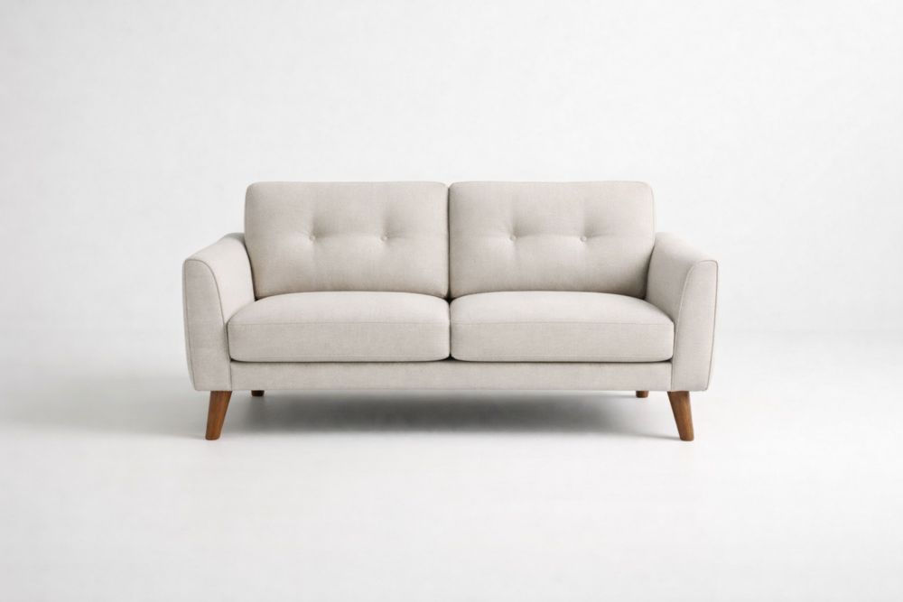 Divano due posti in tessuto beige con gambe di legno massello