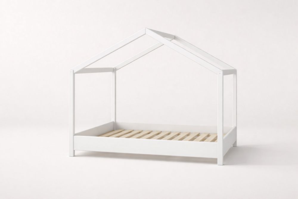 Letto per bambini in legno massello bianco con forma a casetta
