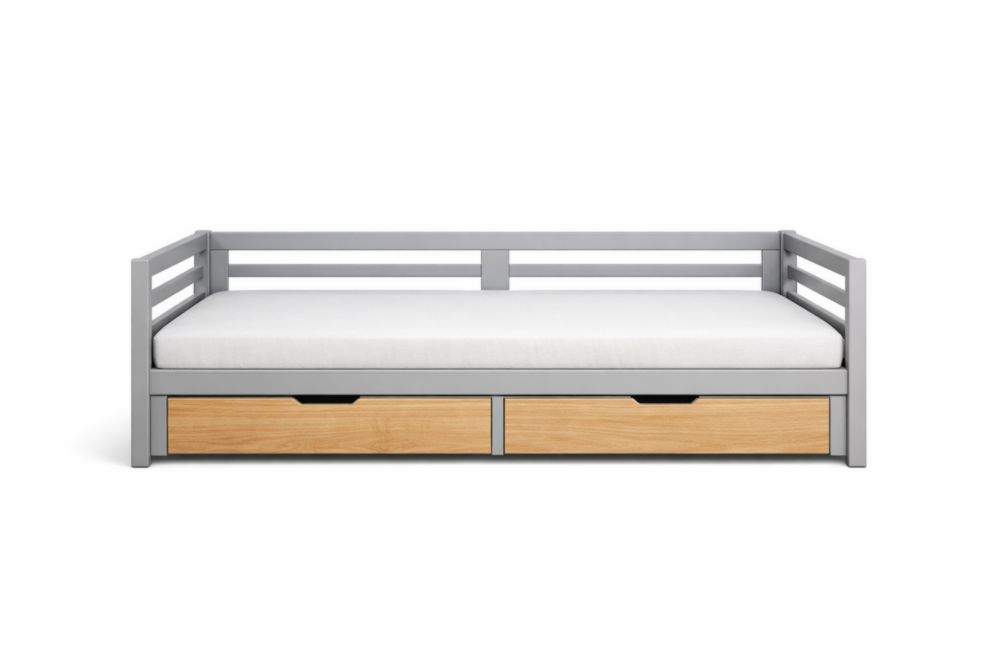 Divano Letto in Legno di Pino Grigio con Cassetti, Materasso