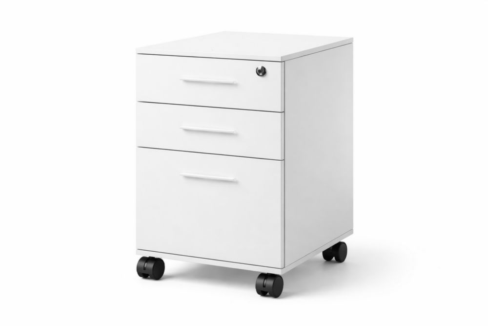 Cassettiere per ufficio bianca in MDF con 3 cassetti e ruote