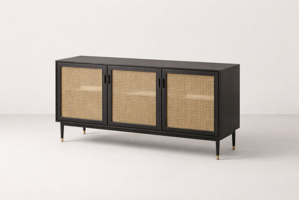 Credenza in MDF e Rattan Nero e Naturale