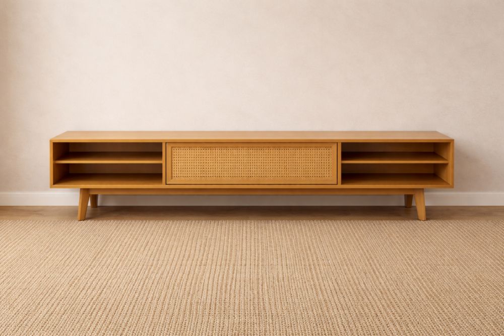 Credenza TV in Legno massello con Sportello in Rattan