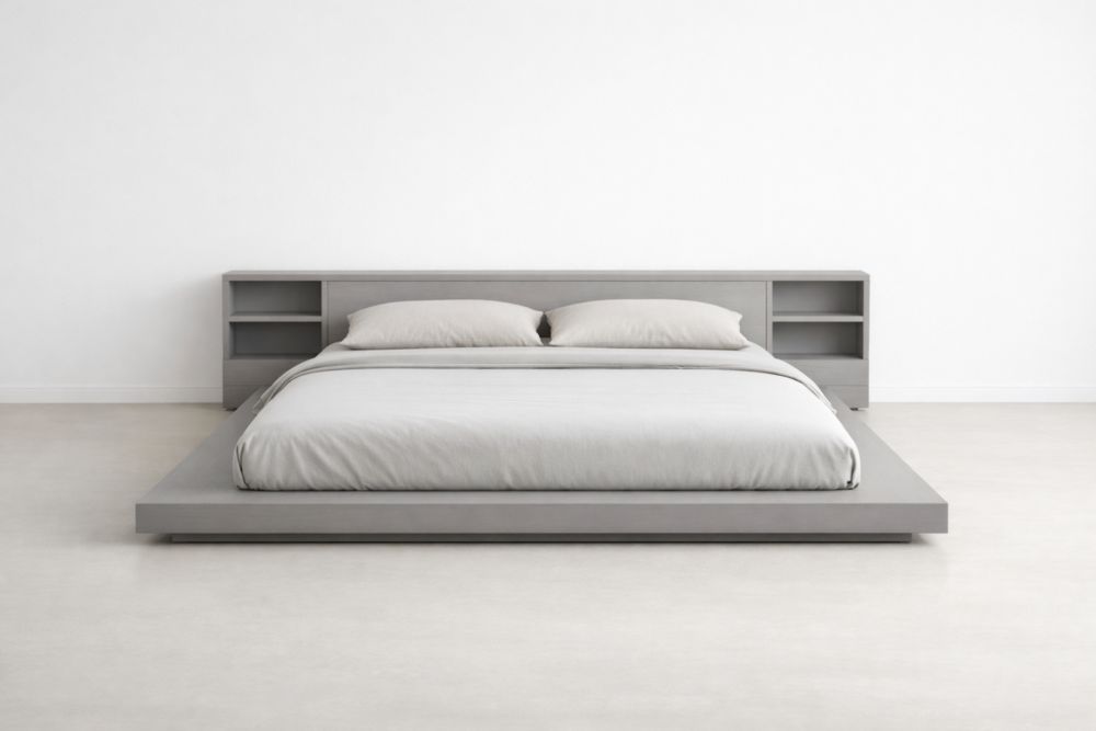 Letto matrimoniale in MDF grigio con testiera a scaffali