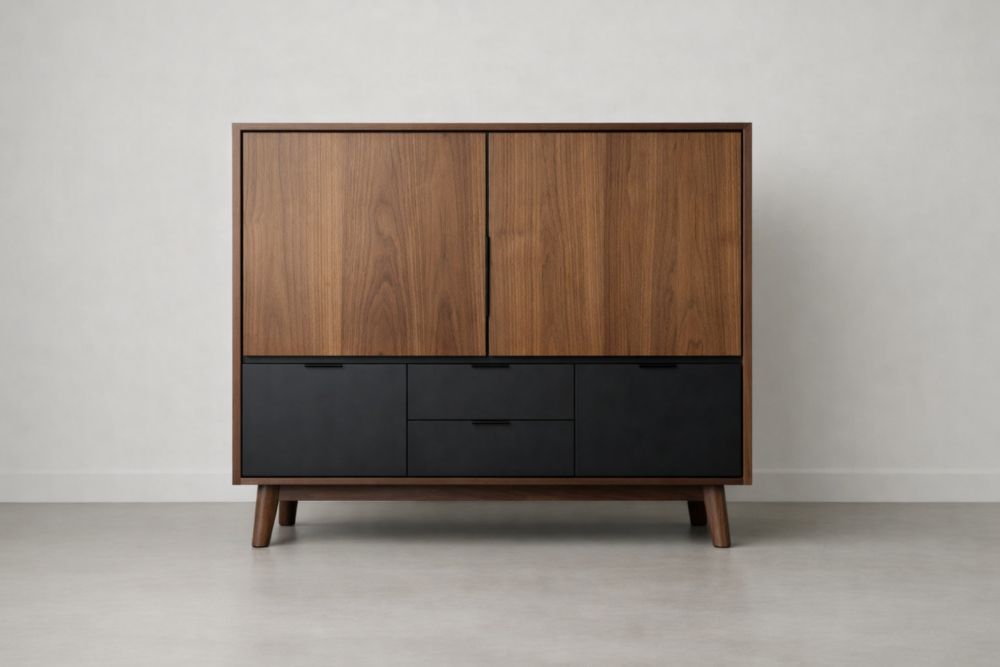 Credenza in Legno di Noce e MDF Antracite con Due Ante e Tre Cassetti