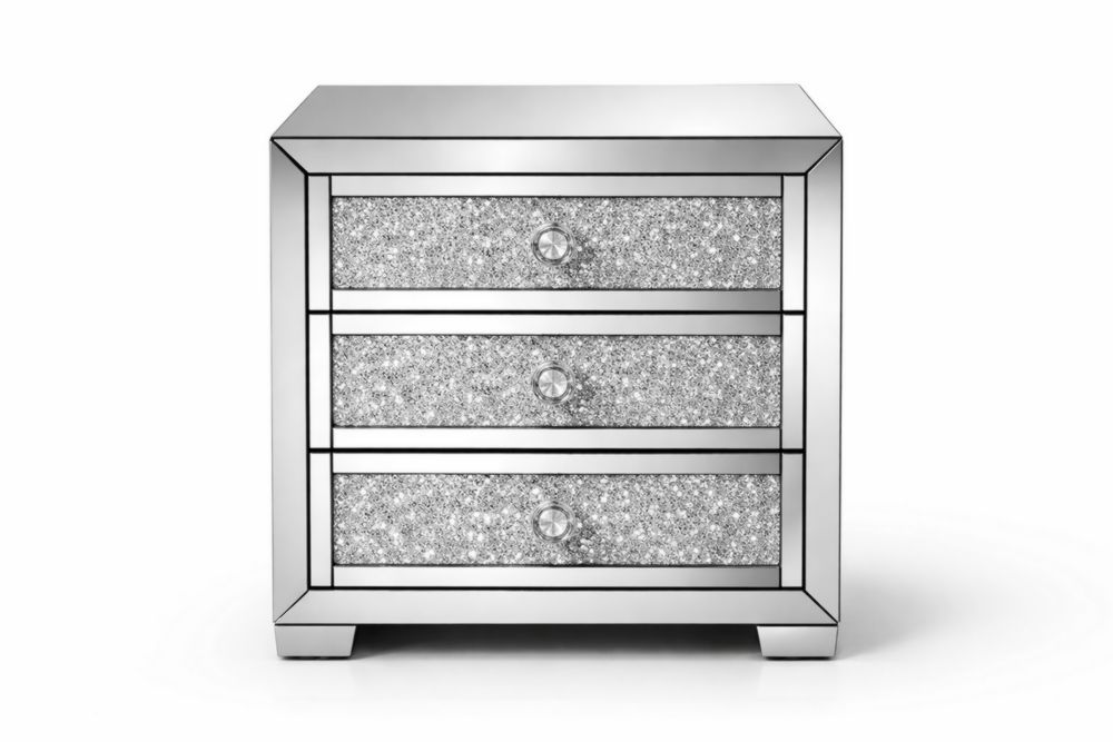 Comodino in Vetro con Tre Cassetti Decorati con Glitter