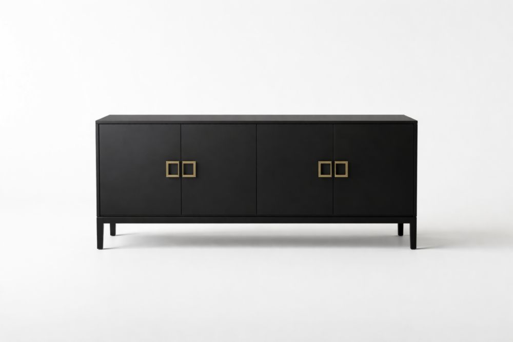 Credenza in legno MDF nero con maniglie in alluminio dorato, 180x45x75 cm