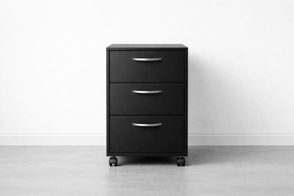 Cassettiere per ufficio Nero con Tre Cassetti e Ruote