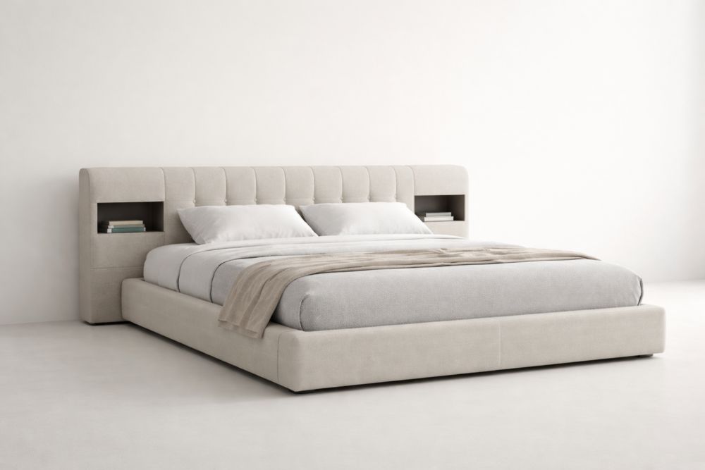 Letto in tessuto beige con testiera e mensole