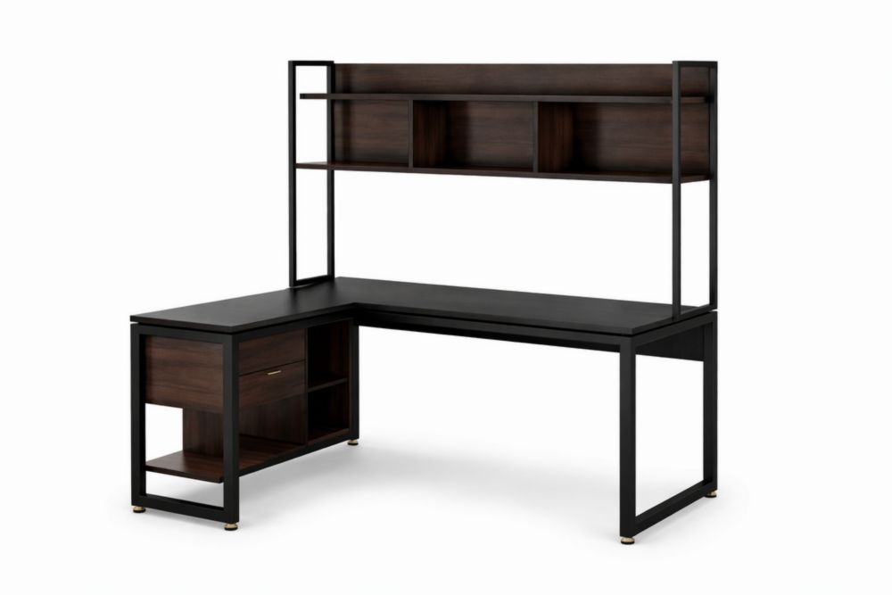 Scrivania Angolare in MDF e Alluminio Nero con Ripiani