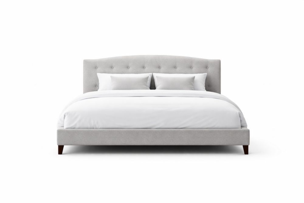 Letto matrimoniale in tessuto grigio con cuscini