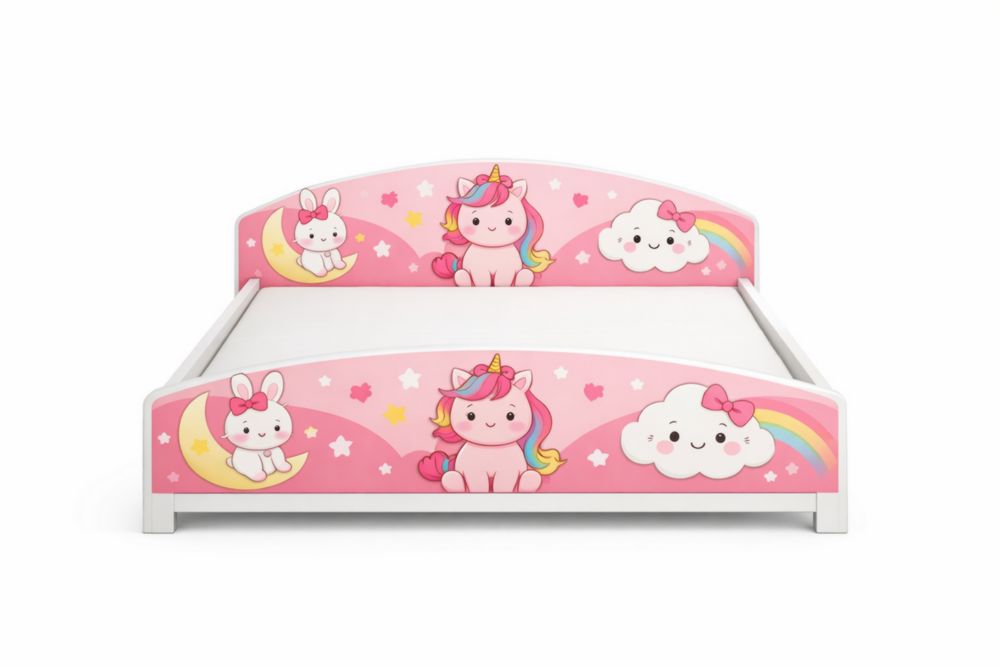 Letto singolo in MDF per bambini decorato con unicorni Rosa 160x80x60 cm