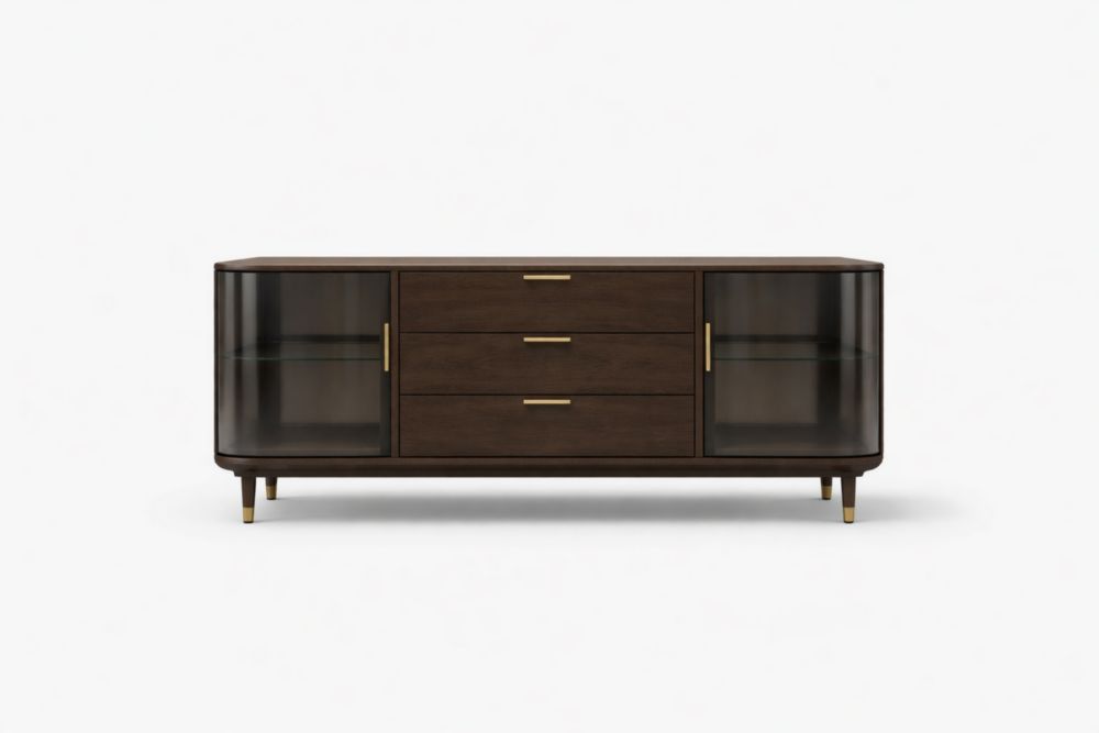 Credenza in legno di noce con ante in vetro temperato, marrone, 160x45x80 cm