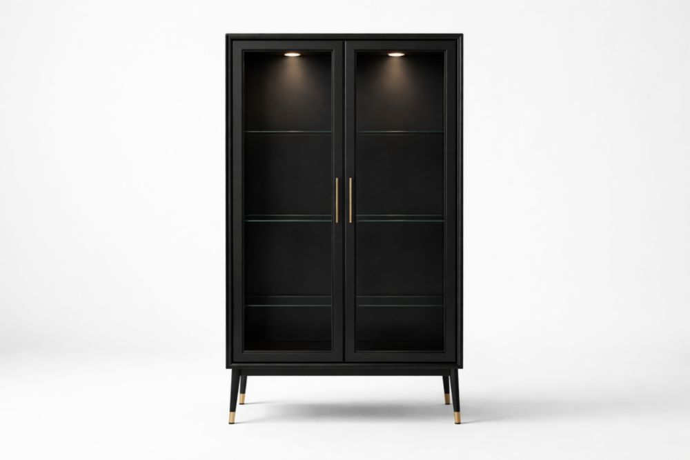 Vetrina Alta in Legno Massello Nero e Vetro Temperato 2 Ante con Illuminazione