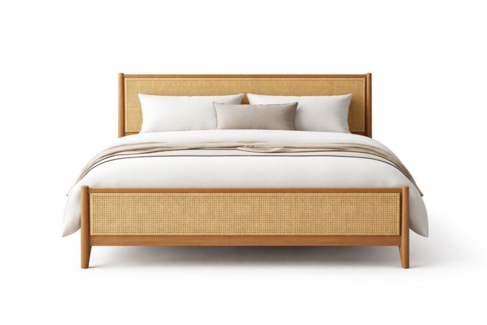 Letto matrimoniale in legno massello e rattan