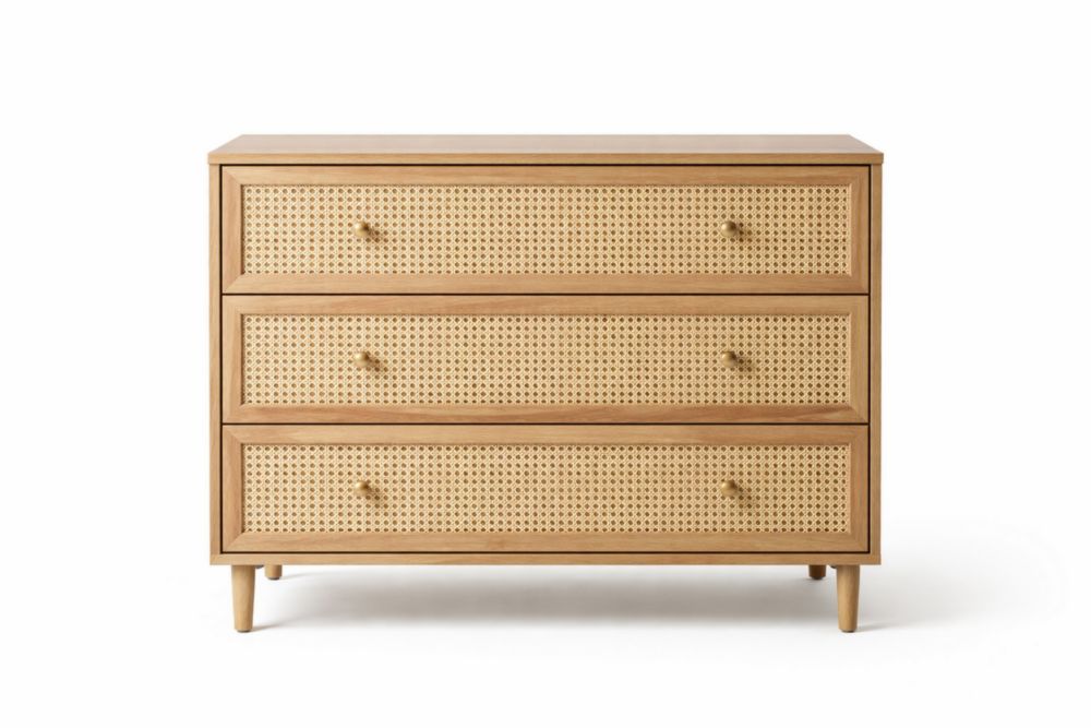 Cassettiera in Legno Massello e Rattan a 3 Cassetti