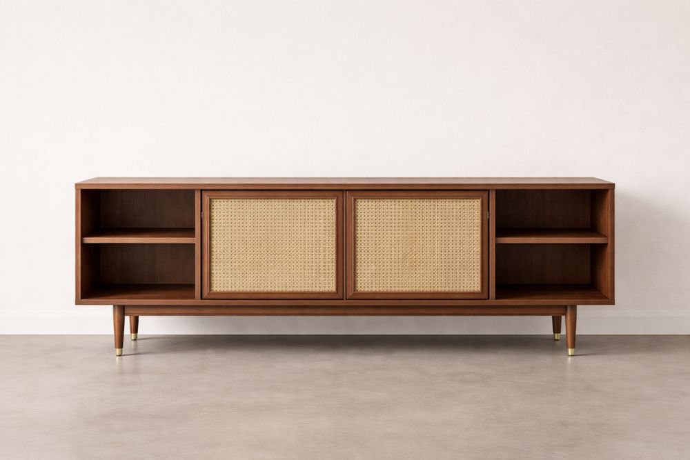 Credenza in legno massello con ante in rattan 200x45x75 cm