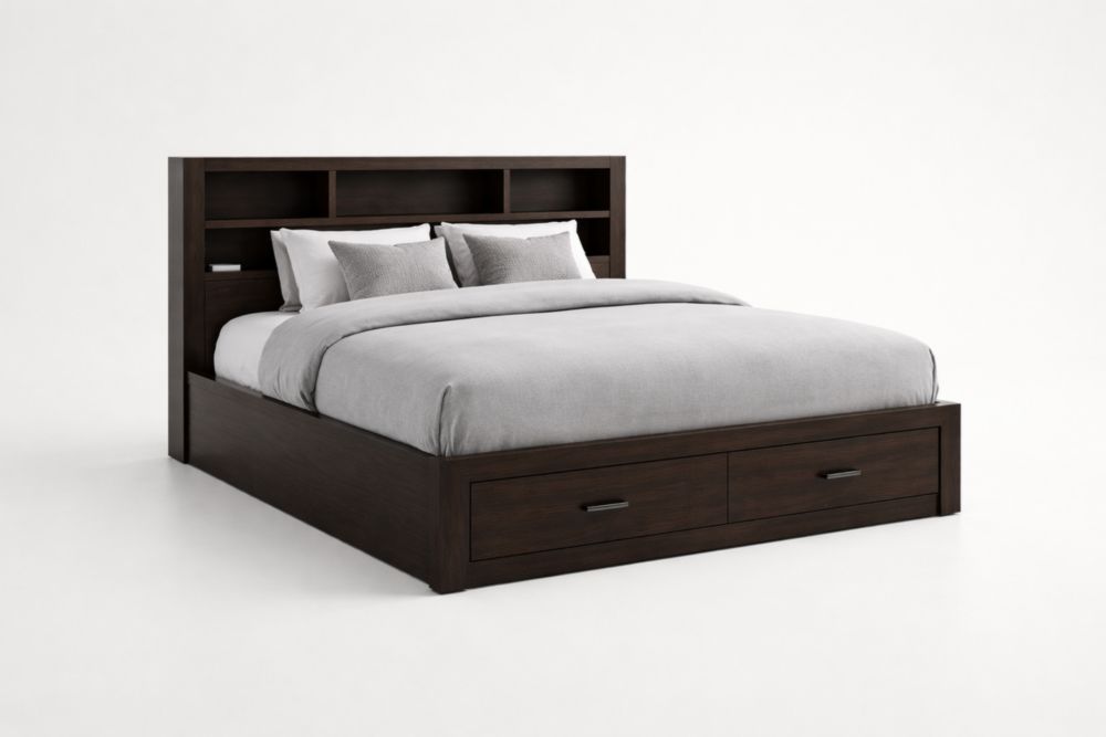 Letto matrimoniale in legno massiccio con testiera a mensole e cassetti 210x160x100 cm